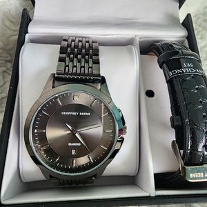 Geoffrey Beene Genuine Diamond 2 Strap collection Black Watch Men and Calendar